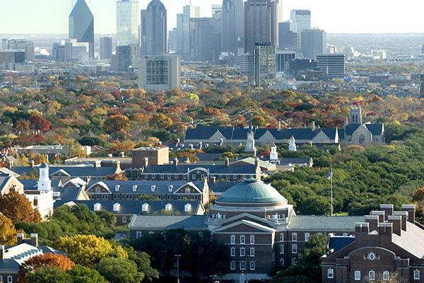 The Dallas skyline and SMU Campus with Dallas Hall in the foreground